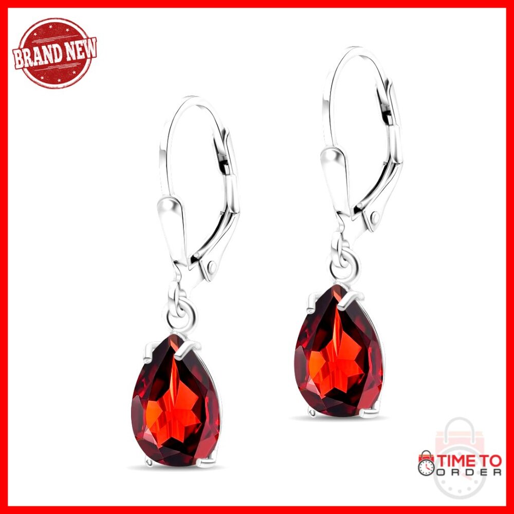 925 Sterling Silver Teardrop Leverback Earrings With Garnet Gemstone